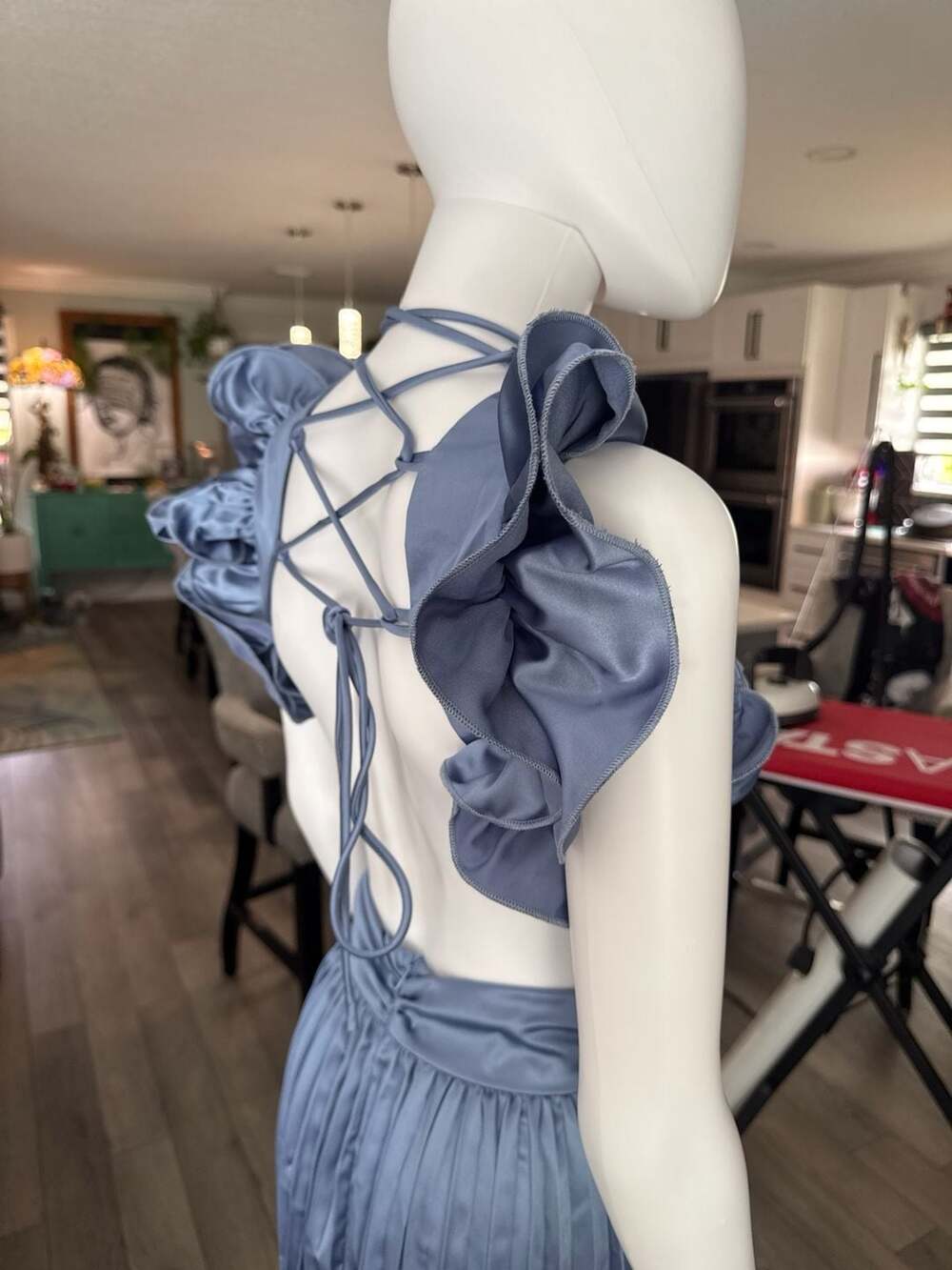 Pleated Satin Cut-Out Maxi Dress in Steel Blue